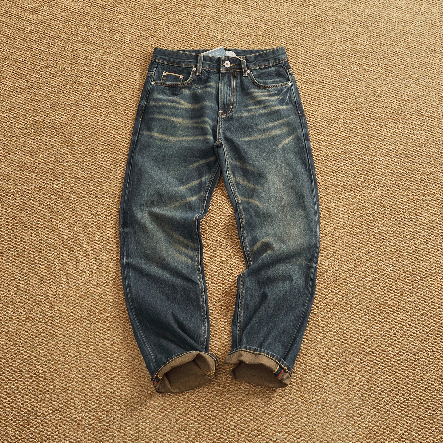 

Red ear denim jeans high-end Japanese retro men's heavy-duty old washing high OZ texture straight tapered pants