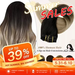 Extensiones de cabello con Clip de brillo completo, Clip de cabello humano Balayage, 7 Uds., 120g, extensiones de cabello de doble trama, cabello humano para mujer