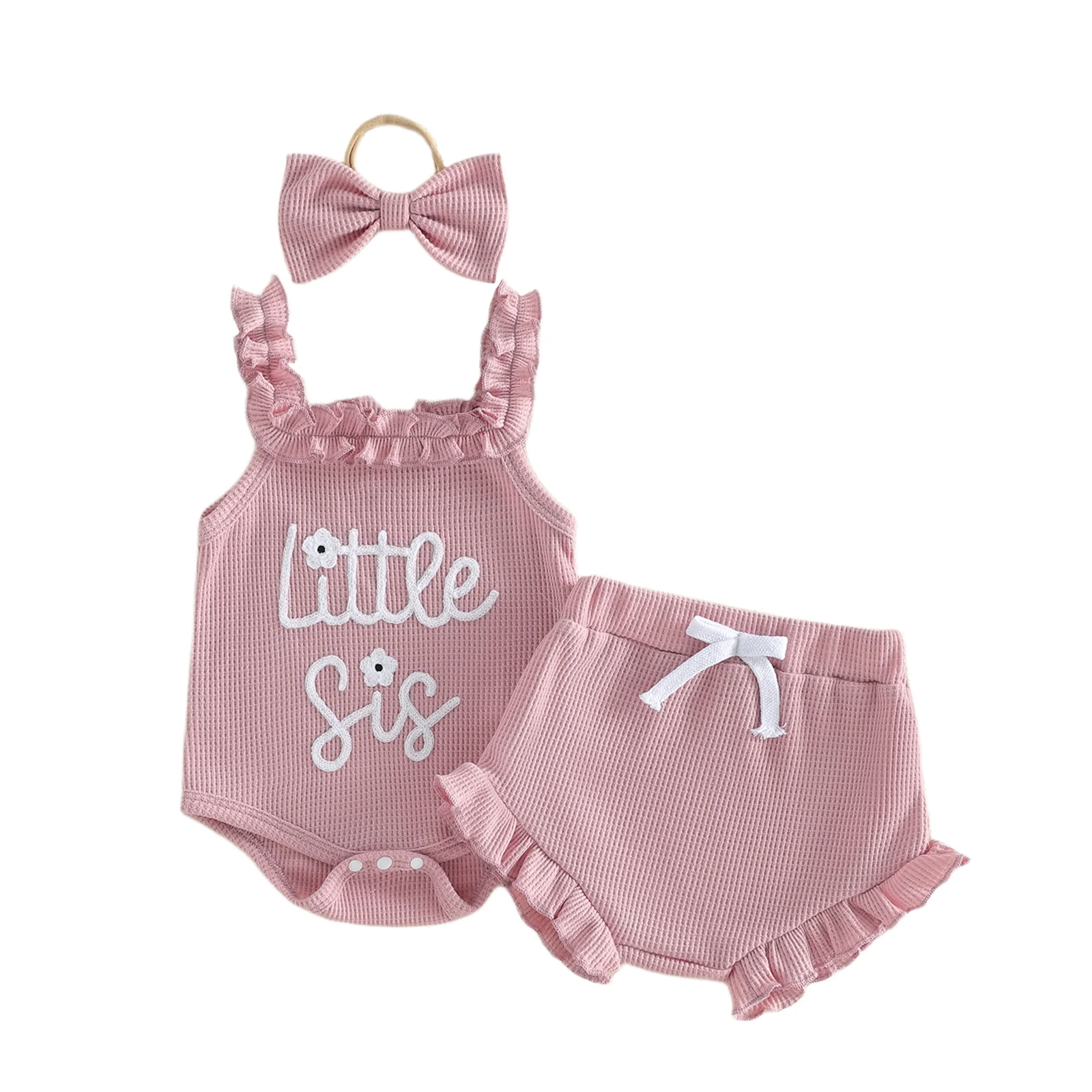 0-2T Toddler Girl Little Sis Pink Waffle Outfit Ruffle Bodysuit Shorts With Bow Headband