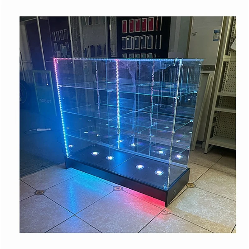 Custom. fashionable frameless 48 inch smoke shop display RGB light game store glass display counter showcase with shelves