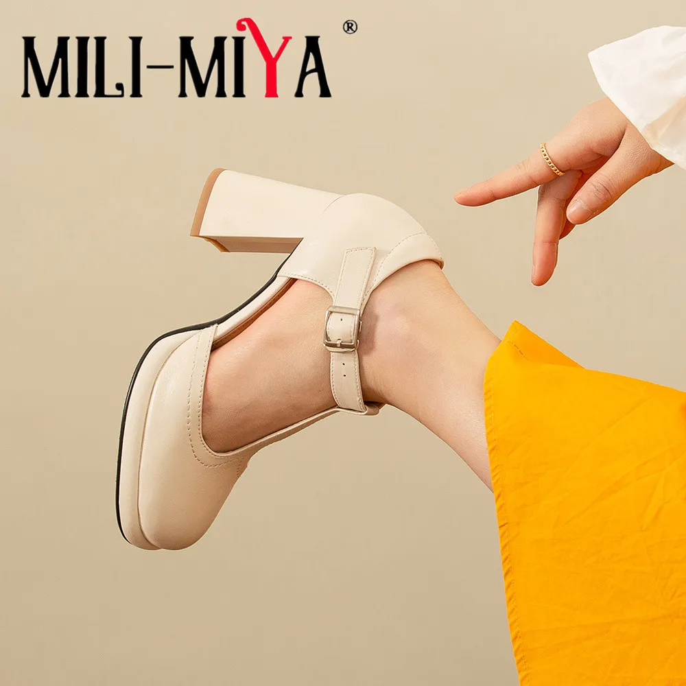 

MILI-MIYA Classic Two-Piece Women Soft Sheep Skin Pumps Round Toe Buckle Strap Super High Thick Heels Casuals Street Shoes