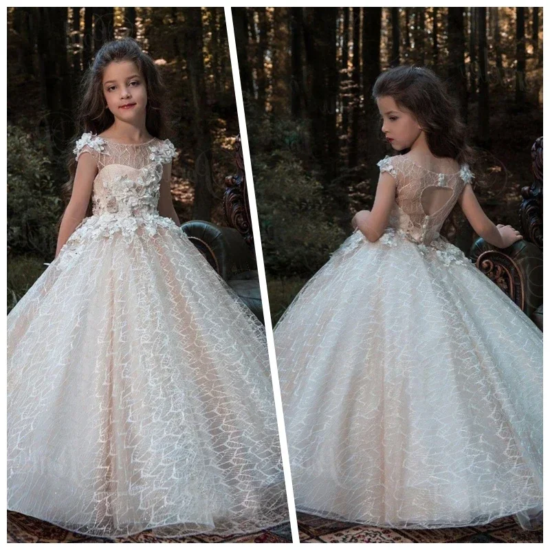 New Puffy Lace Flower Girl Dress For Weddings Ball Gown Girl With Heart-shaped Hollow Party Communion Pageant Gown