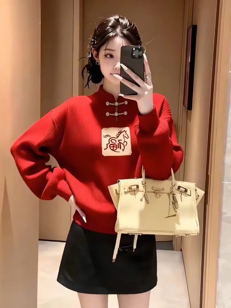 

Celebra Red ort Knitwear Collared Traditional Chinese Sle Women's Top for 2026 Spring Vintage Regular Fit Long Sve