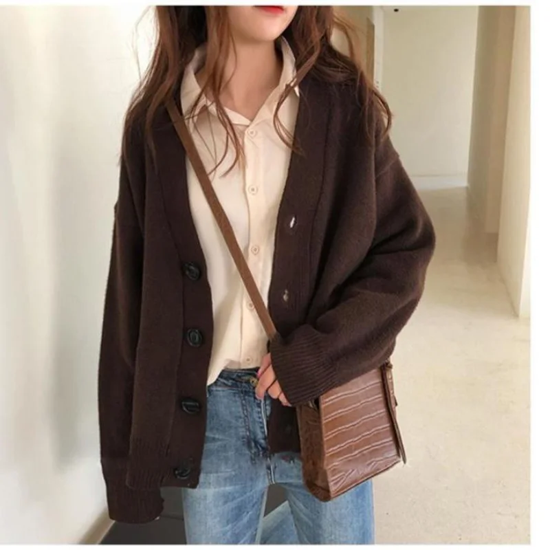 Black JK Outerwear Sweater Knit Cardigan Korean Version Loose Oversized Lazy College Spring Autumn and Winter New V-neck Jacke