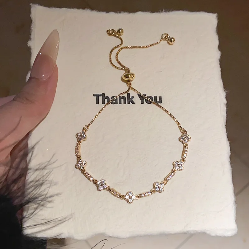 Fashion Lucky Four Leaf Clover Bracelet Women's Shiny Zircon Adjustable Drawstring Chain Daily Dating Wrist Jewelry Accessories
