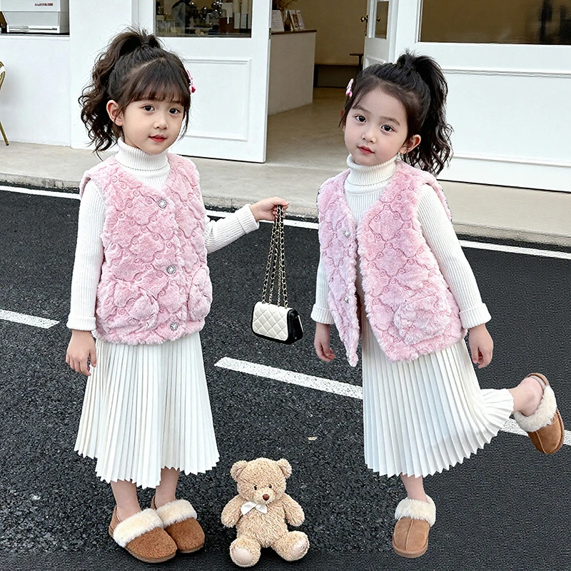 طفل أطفال 3D زهرة النسيج أرنب الفراء سترة للفتيات الصغيرات لطيف أكمام الوردي سترة الخريف الشتاء الأطفال صدرية أنيقة #2