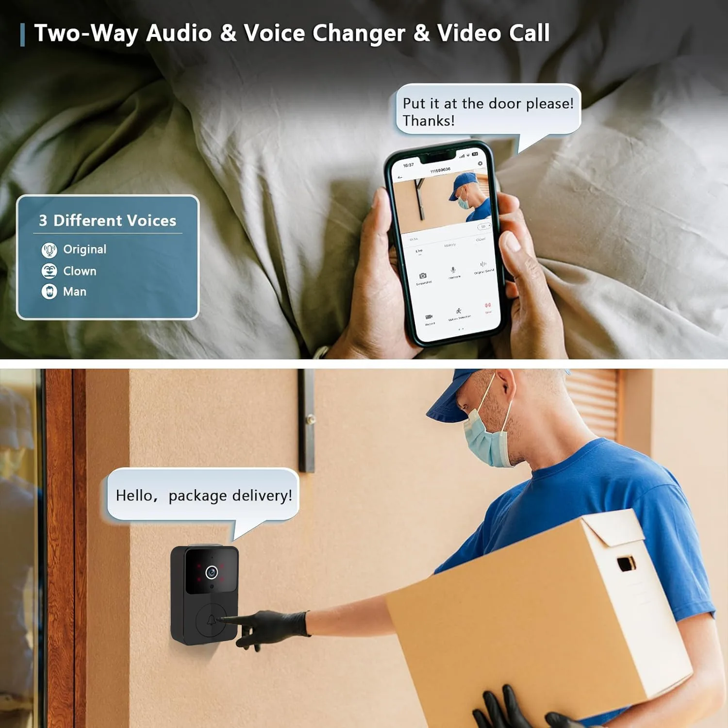 Wireless smart video doorbell, 2.4G WiFi home security camera, 2-way audio, night vision, battery, secure home monitoring