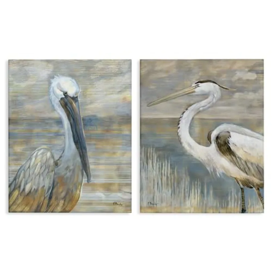 

Абстрактный набор из 2 картин на холсте с птицами над морем, 16 x 20 дюймов, океанский синий и песочно-бежевый, современный прибрежный декор