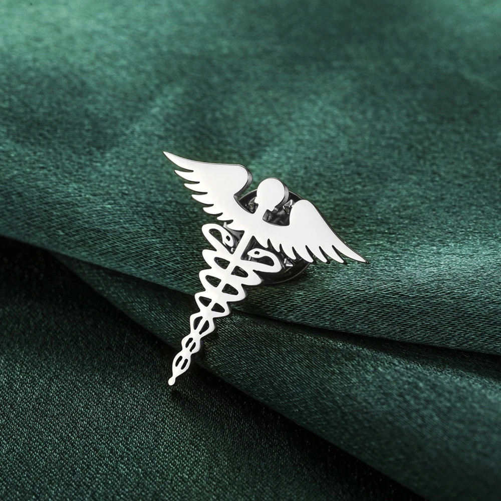 Dawapara Brosche mit Caduceus-Symbol, medizinisches Symbol, Zubehör, Reisende, Talisman, Abschlussgeschenk, Edelstahl-Schmuck – Detail 17