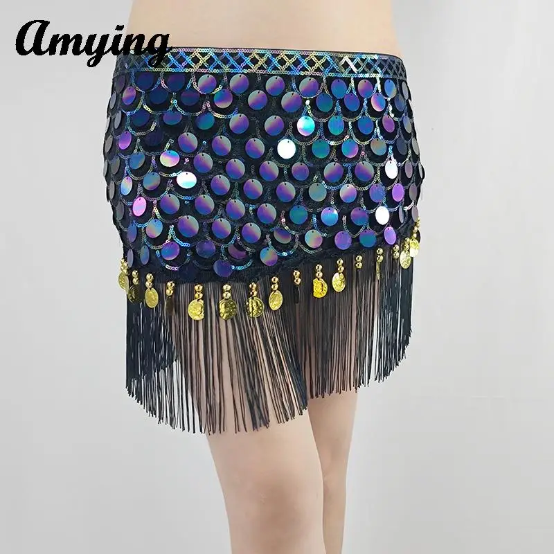 

Hot Sale Sexy Belly Dance Hip Scarf Skirt Fish Scales Waist Belts Women Dance Performance Costume Sequins Tassels Short Skirt