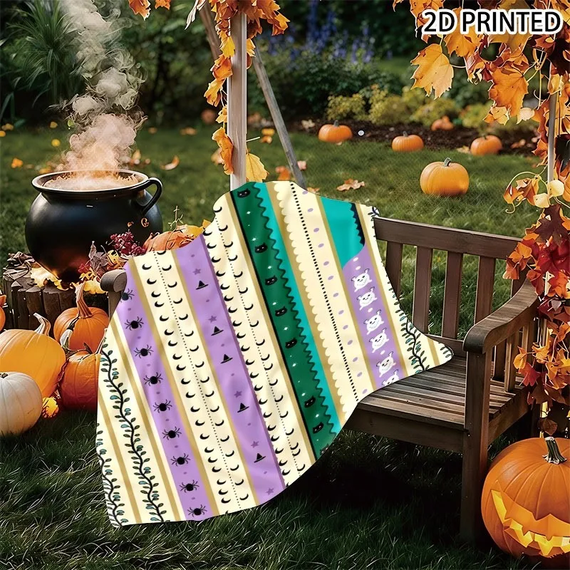 Whimsical Halloween Themed Throw Blanket with Vertical Striped Patterns of Spiders, Cats, Teddy Bears & Celestial Elements, Cozy