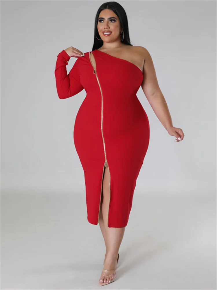 Wmstar Plus Size Dresses for Women Single Sleeve Elegant Solid Sexy Zipper Maxi Dress New Summer Clothes Wholesale Dropshipping