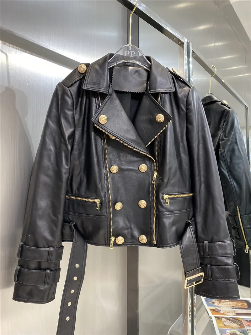 2023 Hot Sale Brand Design Women Autumn Black Genuine Leather Jackets Zipper Basic Coat Double Breasted Sheepskin Motor Biker Ja