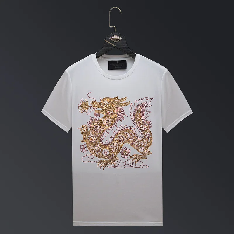 Chinese Dragon Rhinestones T Shirts Men Summer Clothes Fashion Streetwear O Neck Short Sleeve Thin Cool Modal Cotton T-shirts