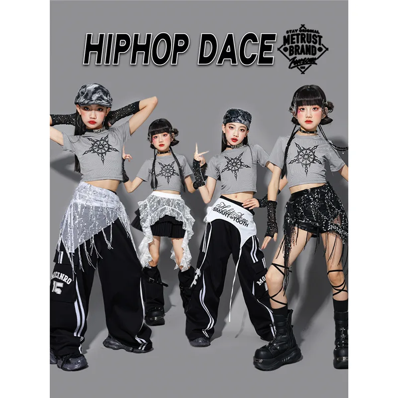 

Серый укороченный топ и брюки-карго для девочек, комплект уличных танцев, хип-хоп, джазовая одежда, детская групповая одежда, костюмы для подростков в уличном стиле