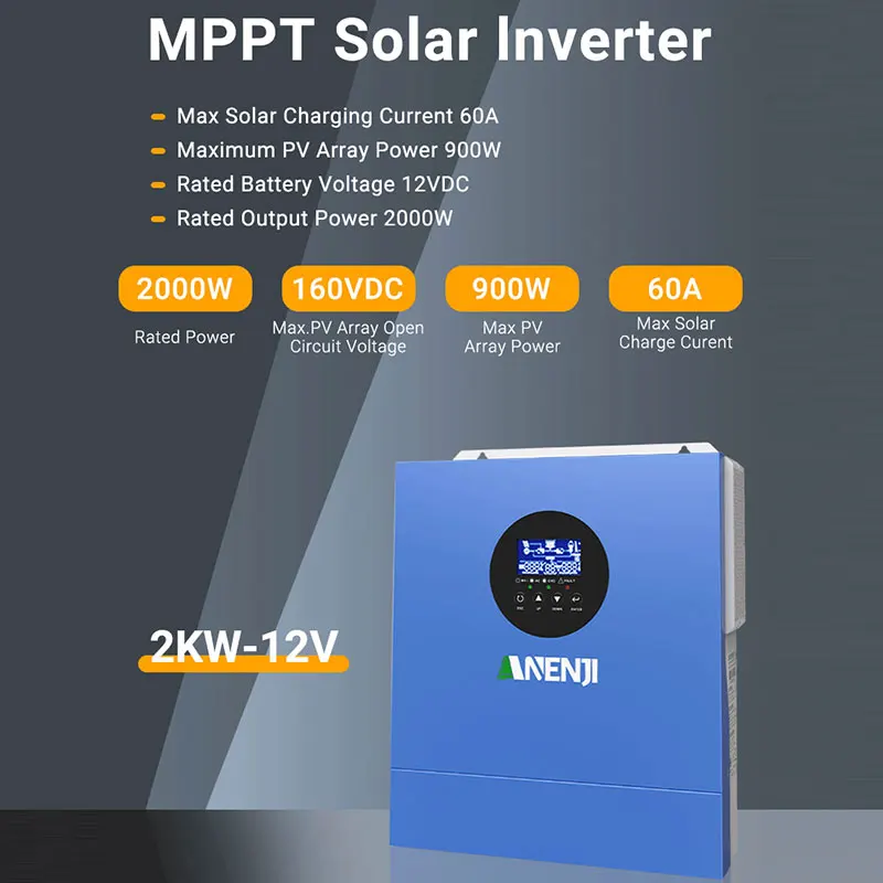 Inversor Solar híbrido de 2000W, 12V, 230VAC, controlador de cargador Solar MPPT 60A de onda sinusoidal pura fuera de la red con WIFI