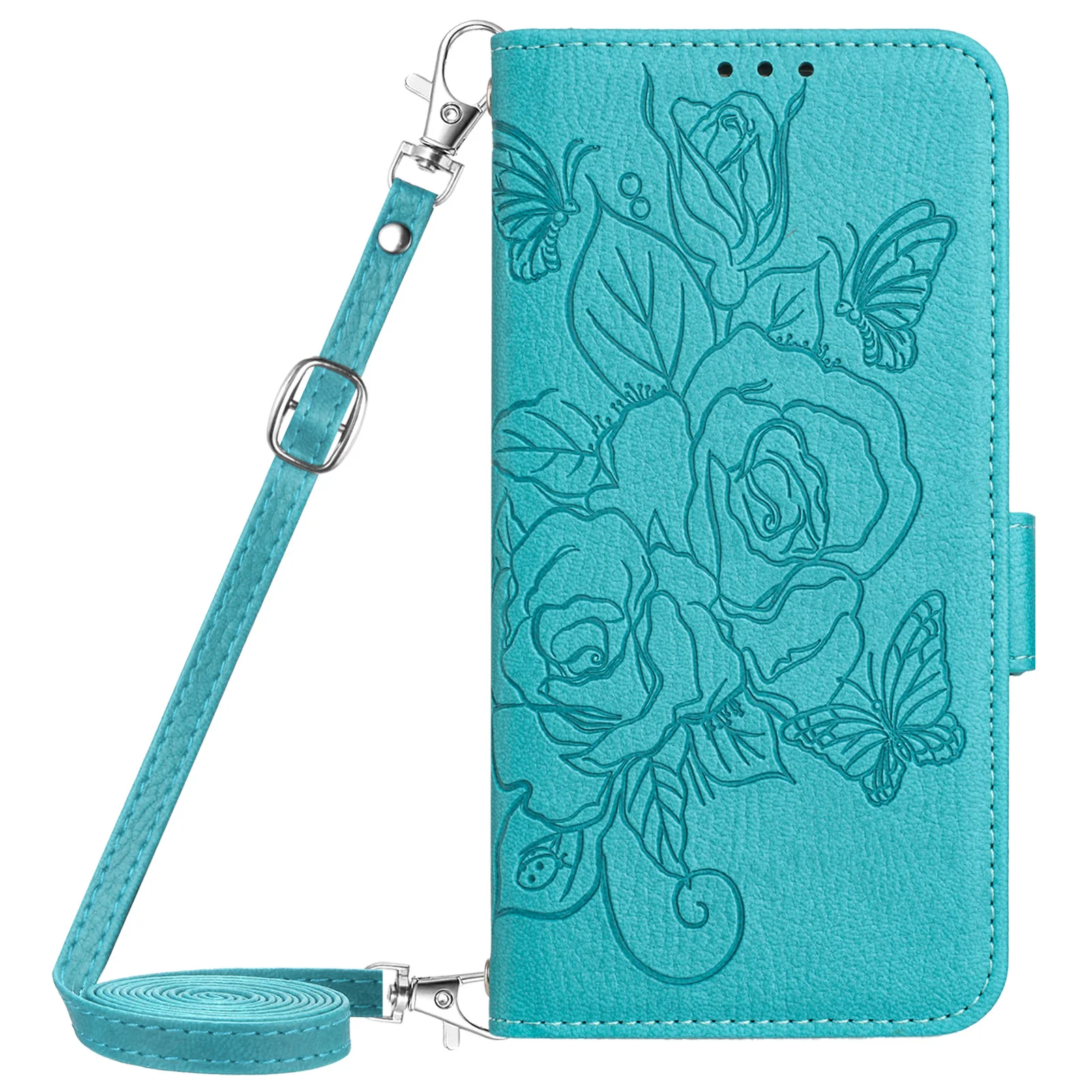 Rosepatroon crossbody lederen portemonnee hoesje voor Oukitel C69 C68 Plus C65 C62 C61 C59 C58 met koordje, flip cover, 3 kaartvakjes, polsbandje, funda