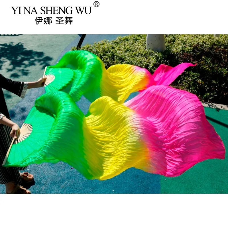 Haute vente à la main femmes qualité soie danse du ventre ventilateur danse 100% réel soie voiles 1 paire vert jaune Rose 180*90 Cm