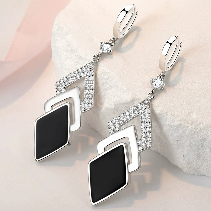 Fashion Black Geometric Earrings 925 Silver Long Earring Inlay Zircon Ear Buckle 2025 New Ear Jewlery For Women KOFSAC