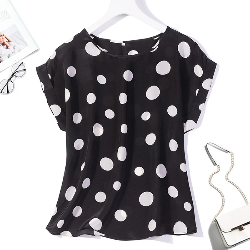 

Women 100% Pure Silk Crepe Silk Short sleeve Top Shirt Blouse Black Dots Plus Size L-3XL 8060