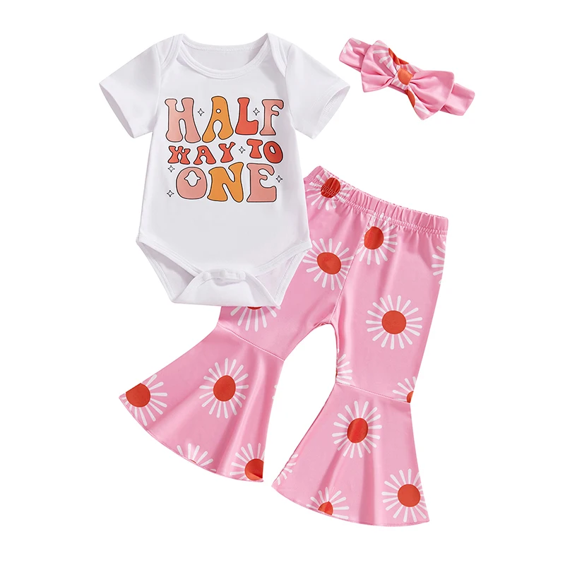 1 2 Birthday Outfit Girl Half Way To One Letter Crewneck Short Sleeve Romper Floral Print Flared Pants Headband