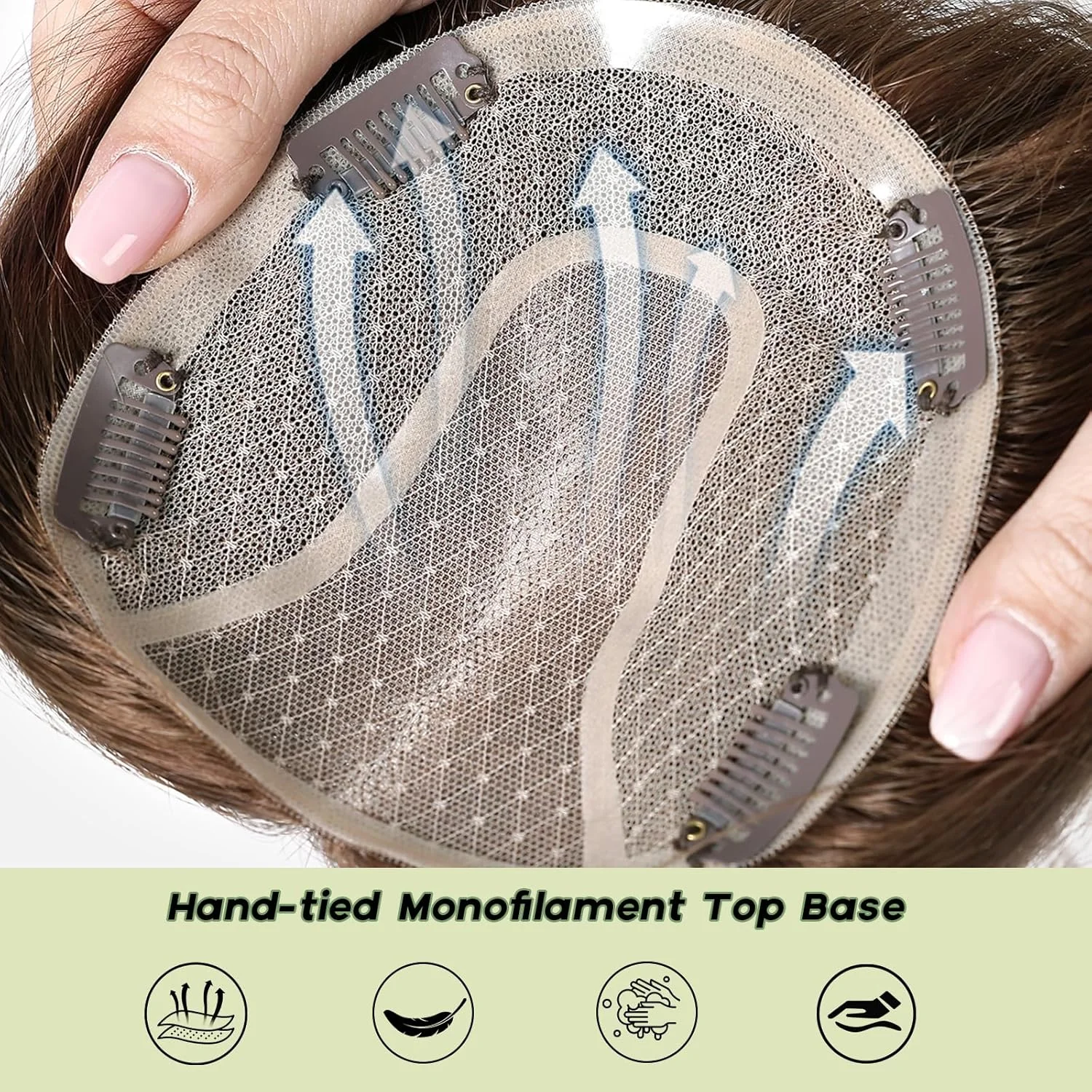 Brown Blonde Highlight 100% Human Hair Toppers for Women Mono Top Hand-Tied Lace Base Four Clips in Topper Hair Extensions