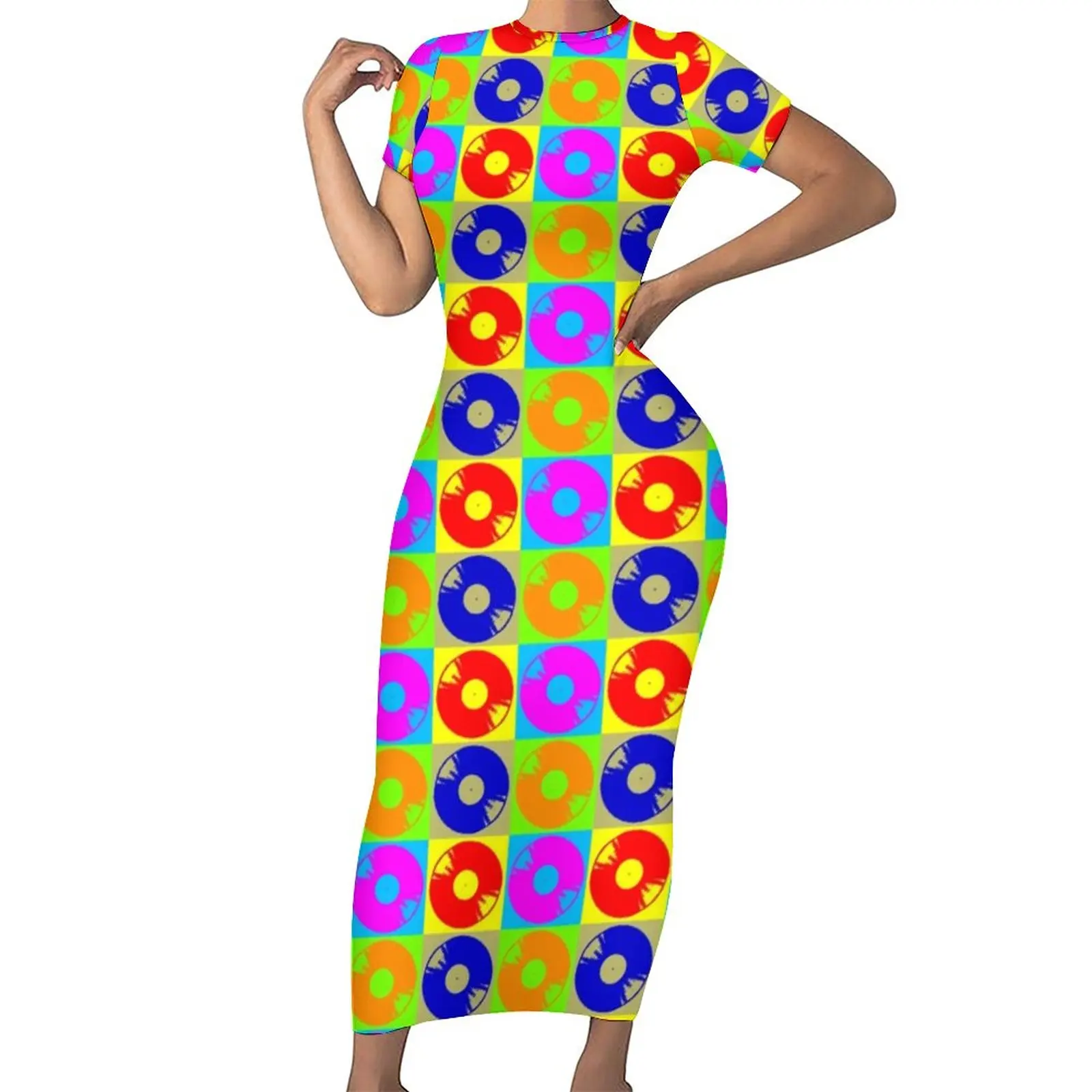 Disco Pop Art Dress Female Colorful Print Street Style Bodycon Dress Spring Short Sleeve Kawaii Maxi Dresses Oversized Vestidos