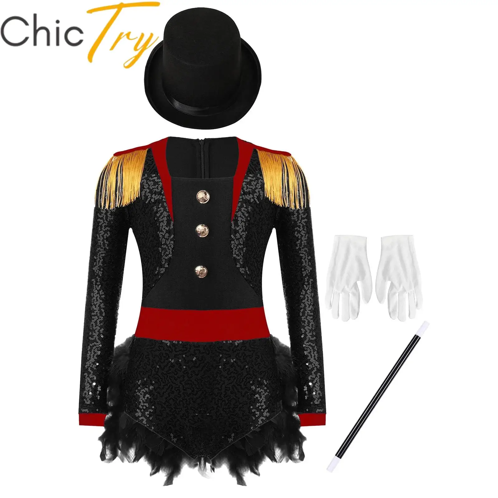 

Kids Girls Circus Ringmaster Costume Magician Lion Tamer Halloween Cosplay Themed Party Leotard with Hat Gloves Magic Wand Sets