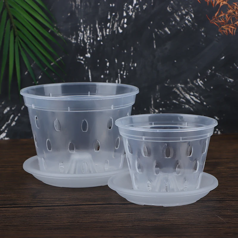 Flowerpot Garden Planter Drainage Pots with Holes Transparent Orchid Baskets Plastic Breathable Flower with tray Pot Accessories