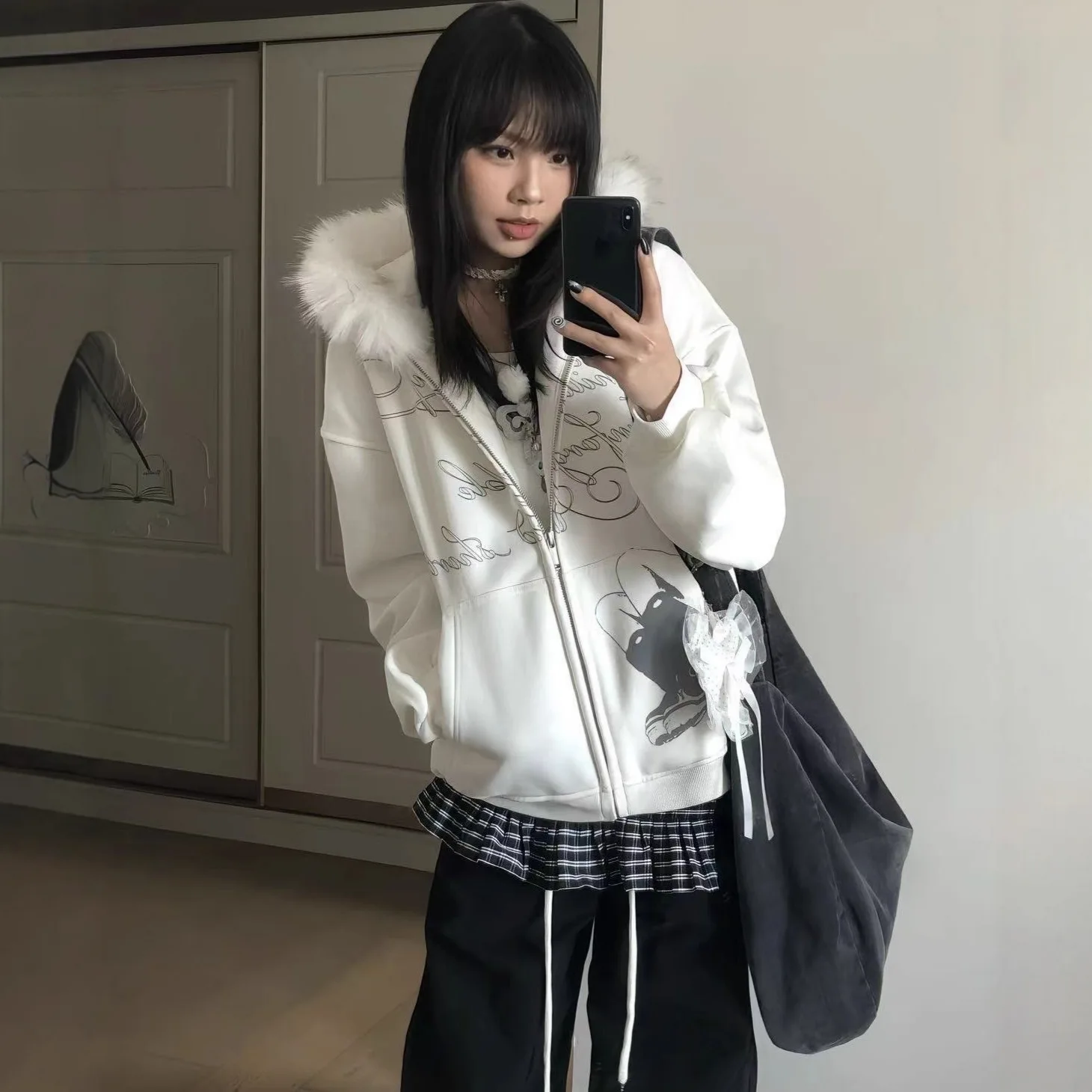 Advanced Fur Collar Hooded Sweatshirt for Women Autumn and Winter Letter Printed Cardigan Jacket with Thick Velvet and Loose Top