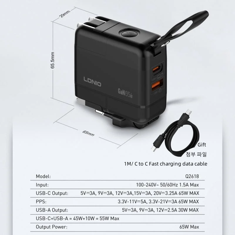 LDNIO GaN 65W Szybka ładowarka typu C Uniwersalny adapter podróżny z wtyczką US EU UK AUS Uniwersalna przenośna ładowarka USB do podróży — zdjęcie produktu 6