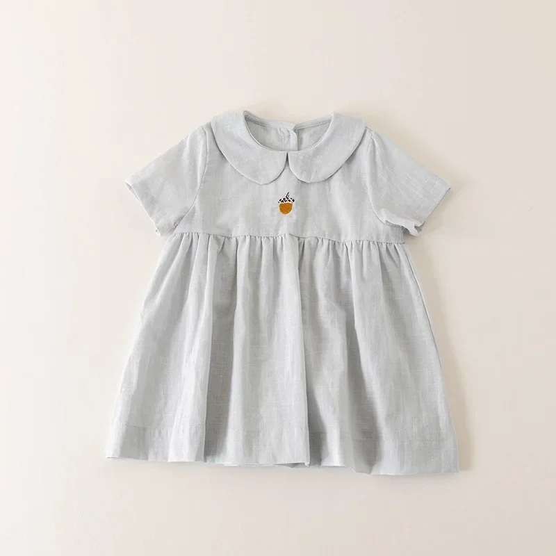 Cotton and linen handmade embroidered dress with stylish short sleeves