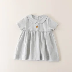 Cotton and linen handmade embroidered dress with stylish short sleeves