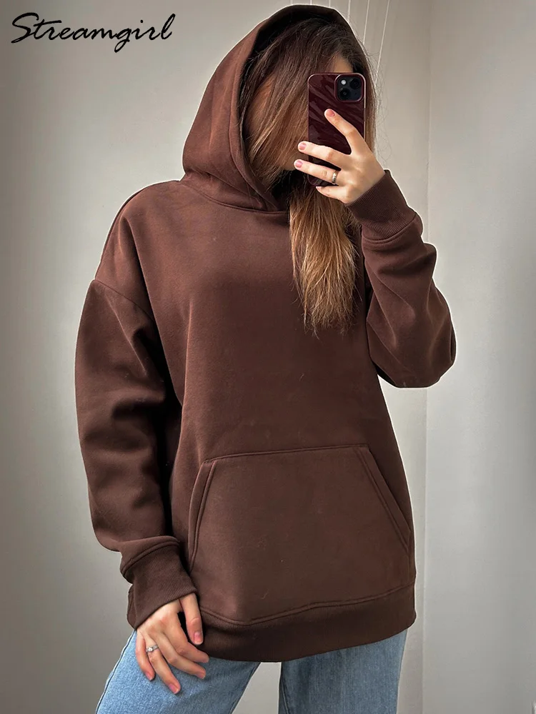 Streamgirl Fleece Oversize Hoodies Women Winter Warm Sweatshirt Pink Thick Velvet Pullovers Loose Women Hooded Sweatshirt Coats