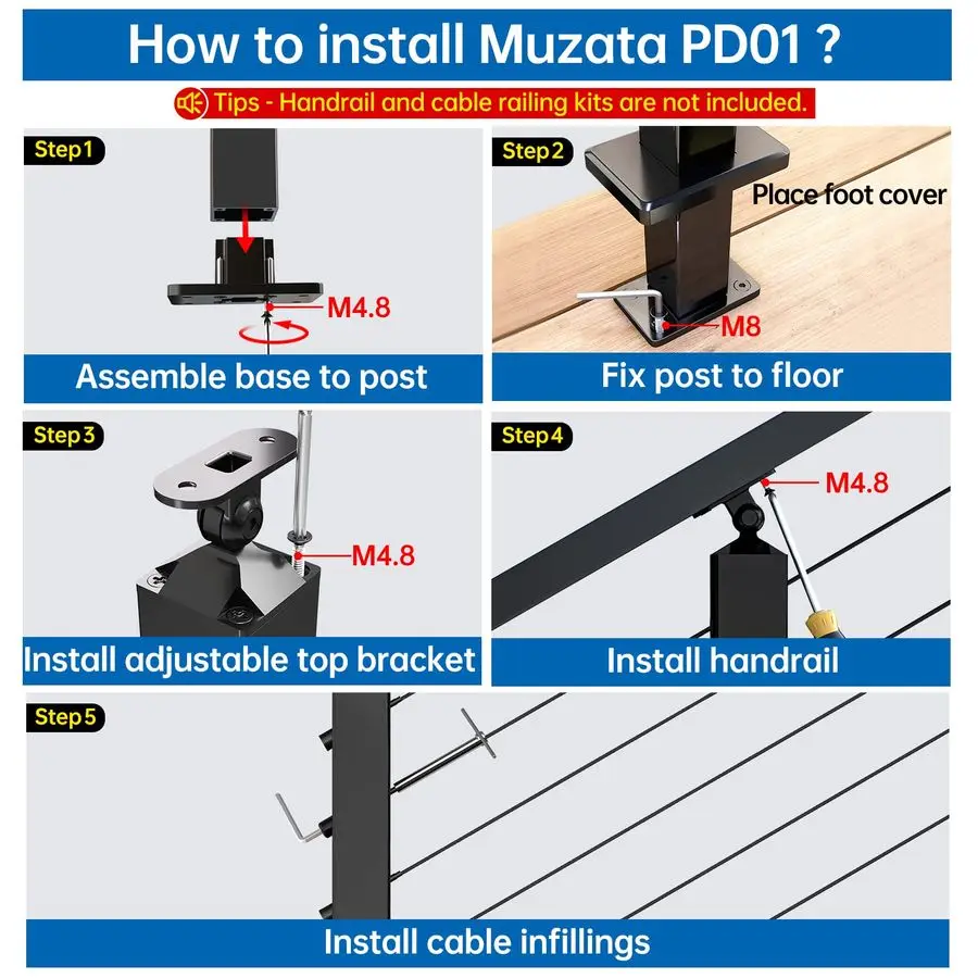 Aluminum Black Stair Cable Railing Post 36 Inch for 2535 Degrees Stair 36X2x2 Surface Mount Cable Railing System Kit Indoor Outd