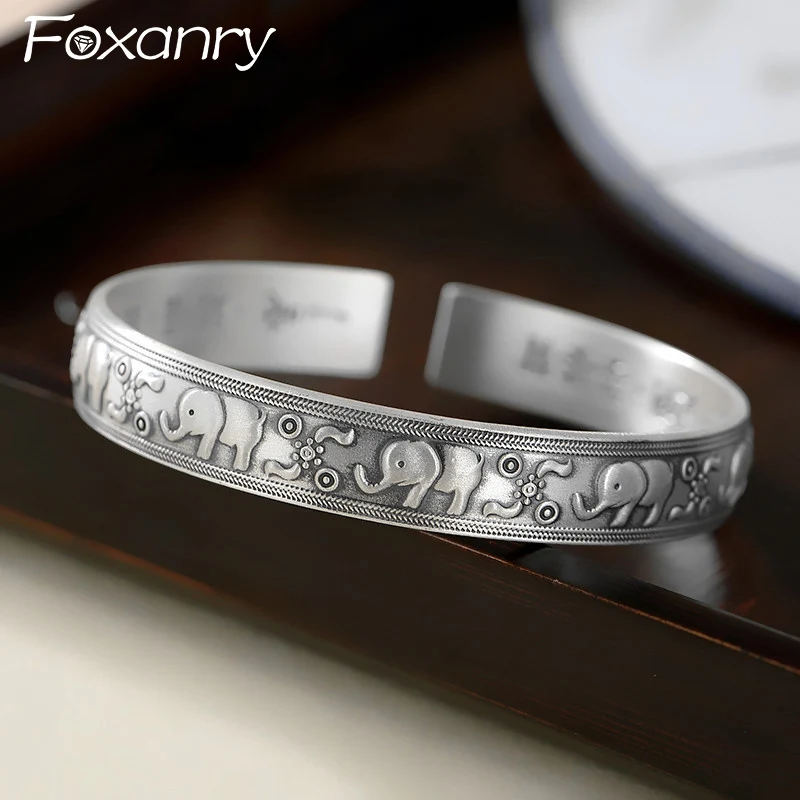 Foxanry Elephant Pattern Sutra Cuff Bracelets For Women Couples Fashion Vintage Ethnic Personality Domineering Birthday Jewelry