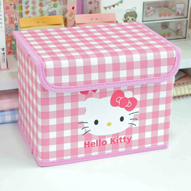 Anime Sanrio MINISO 데스크탑 플립 탑 보관 상자 HelloKitty 만화 문구 화장품 접이식 가정용 잡화 보관 상자