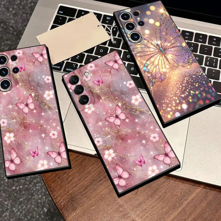 Case for Samsung Galaxy S26 Ultra S25 Plus S24 S23 S22 S21 Note 20 10 S20 FE Phone Cover Pink Butterfly Flower