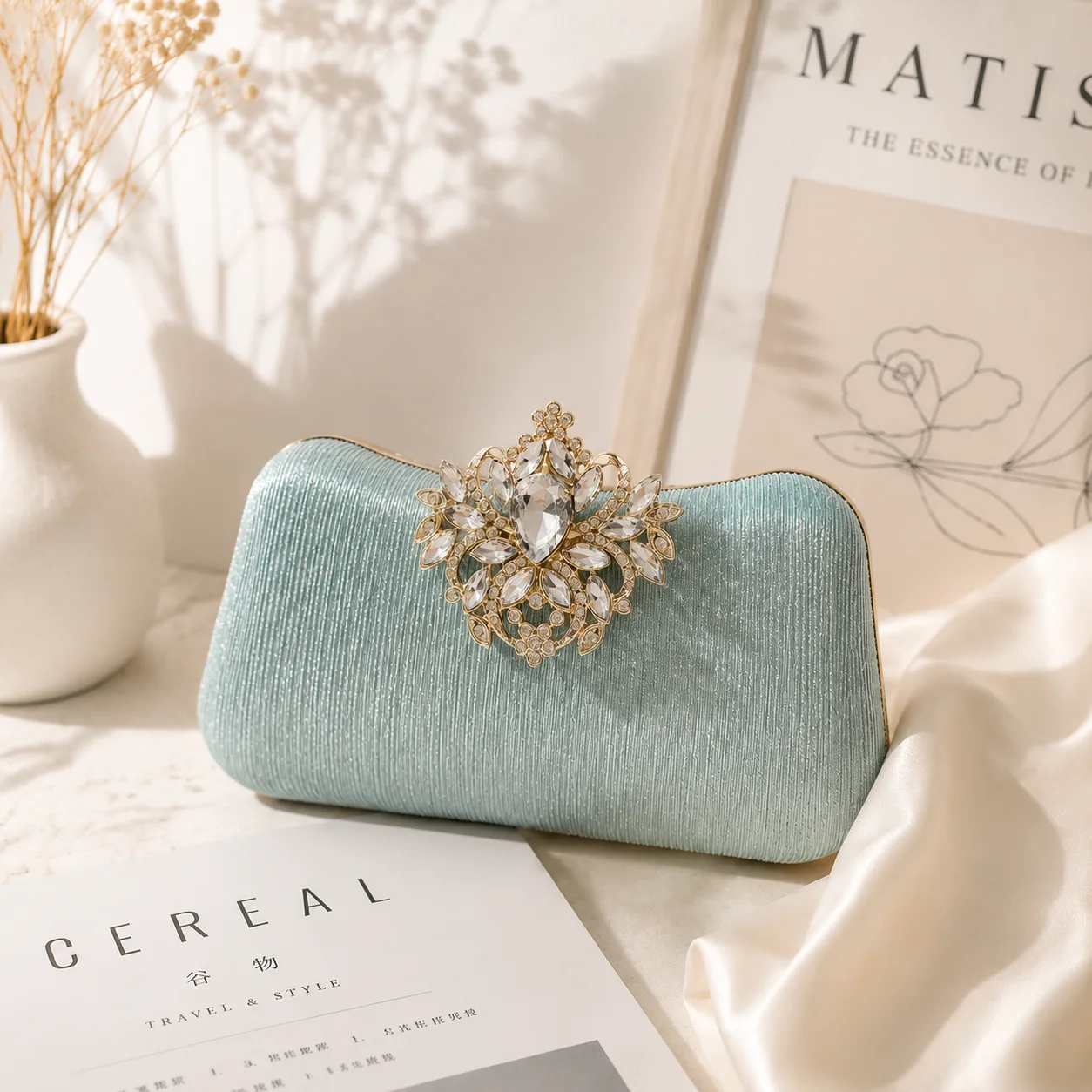 Luxury Mint Green Crystal Rhinestone Evening Clutch Bag for Women Elegant Wedding Bridal Party Prom Handbag Purse