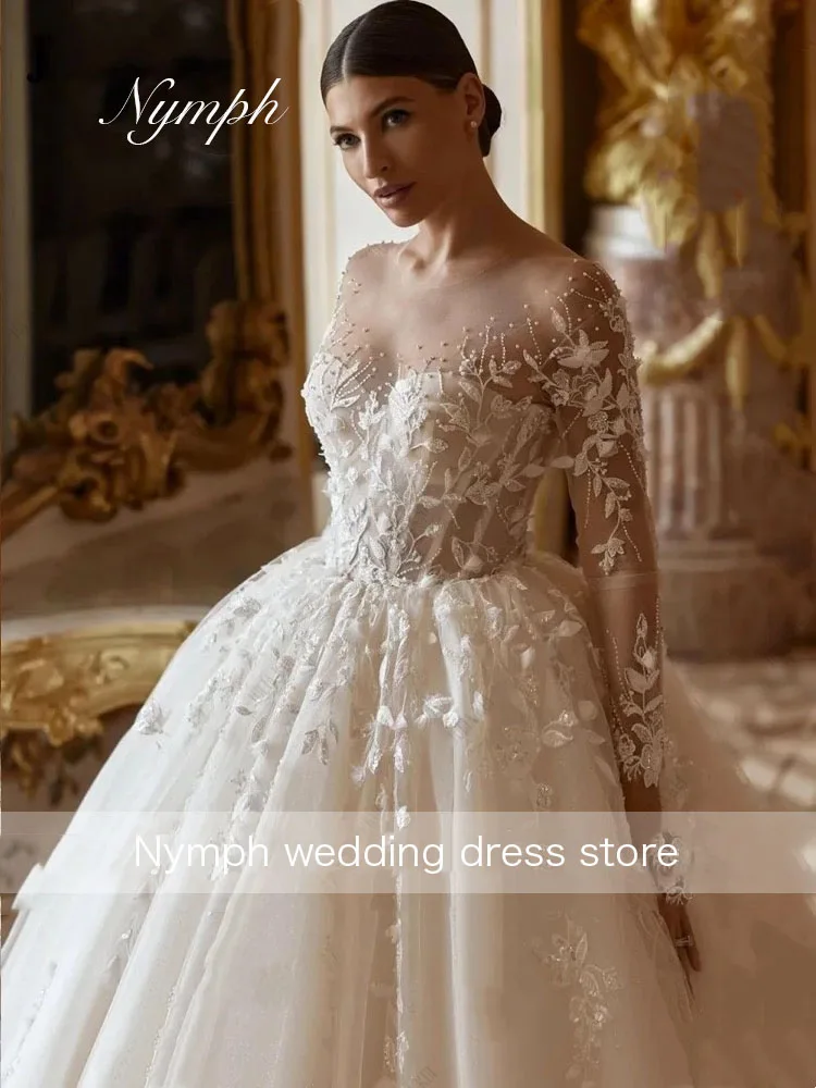 Embroidery Lace Ball Gown Wedding Dresses Glitter Tulle Beading Pearls  Customize Full Sleeves Scoop Bridal Gowns Robe de Mariée