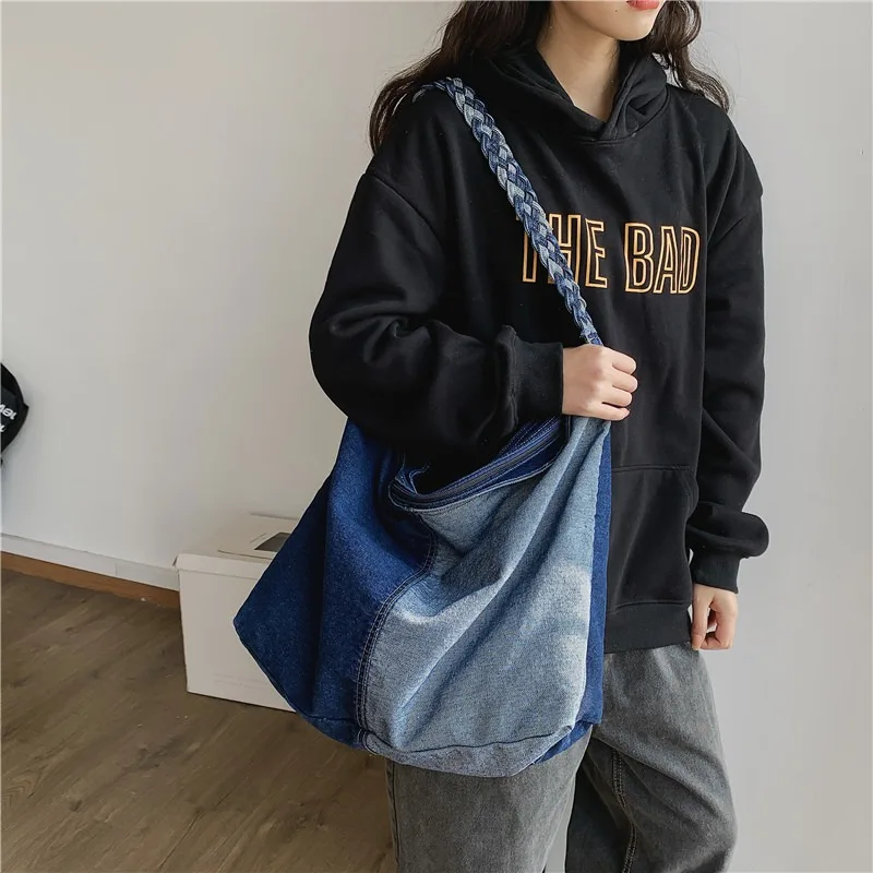 Koreańska dżinsowa damska torba na ramię o dużej pojemności Crossbody dla kobiet Trend Harajuku Retro torebka na ramię torba kurierska na wypoczynek