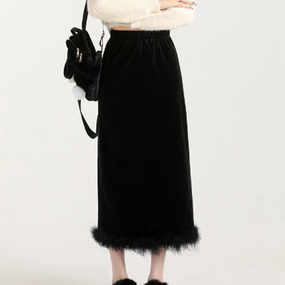 Club wear moda diária pena veludo saia elegante fenda saia casual férias wear para mulheres traje de férias preto