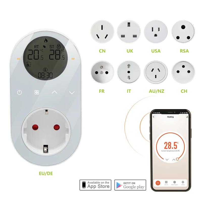 

European Smart Sensor Thermostat WiFi Outlet WiFi Cooling And Heating, LCD Temperature Control Energys Meter For Tuya Smart App