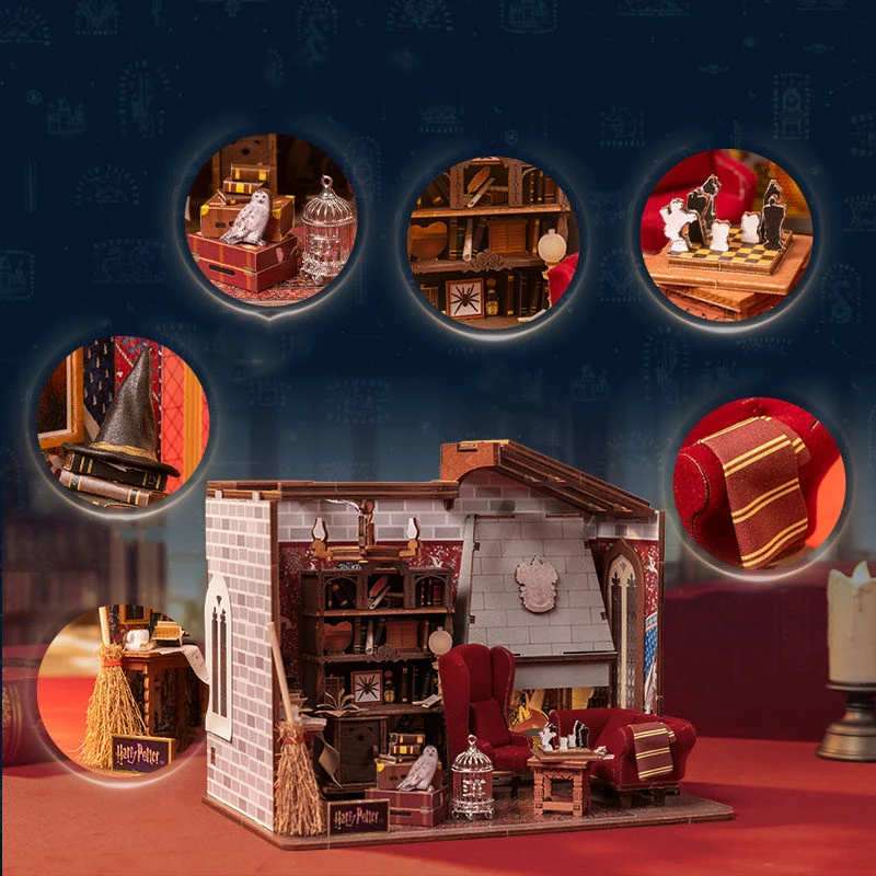 ชุดโมเดลไม้ DIY ขนาดเล็ก ห้องนั่งเล่นกริฟฟินดอร์ ตัวต่อ 3 มิติ บ้านตุ๊กตาพร้อมเฟอร์นิเจอร์และไฟ สำหรับเป็นของขวัญวันเกิดให้เพื่อน