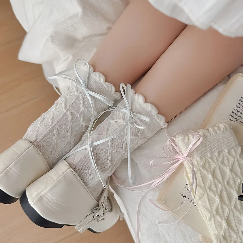 

Корейские мягкие эстетические белые носки в консервативном стиле с лентой и бантом, носки до середины икры для школьной обуви, хлопковые изящные весенне-летние носки
