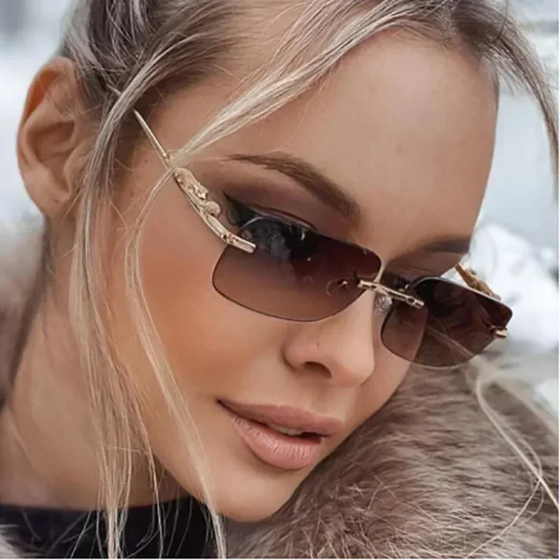 1Pc Hot Rectangle Rimless Sunglasses Retro Cheetah Women Fashion Sun Glasses Men Shades UV400 Eyewear Summer Outdoor Eyeglasses