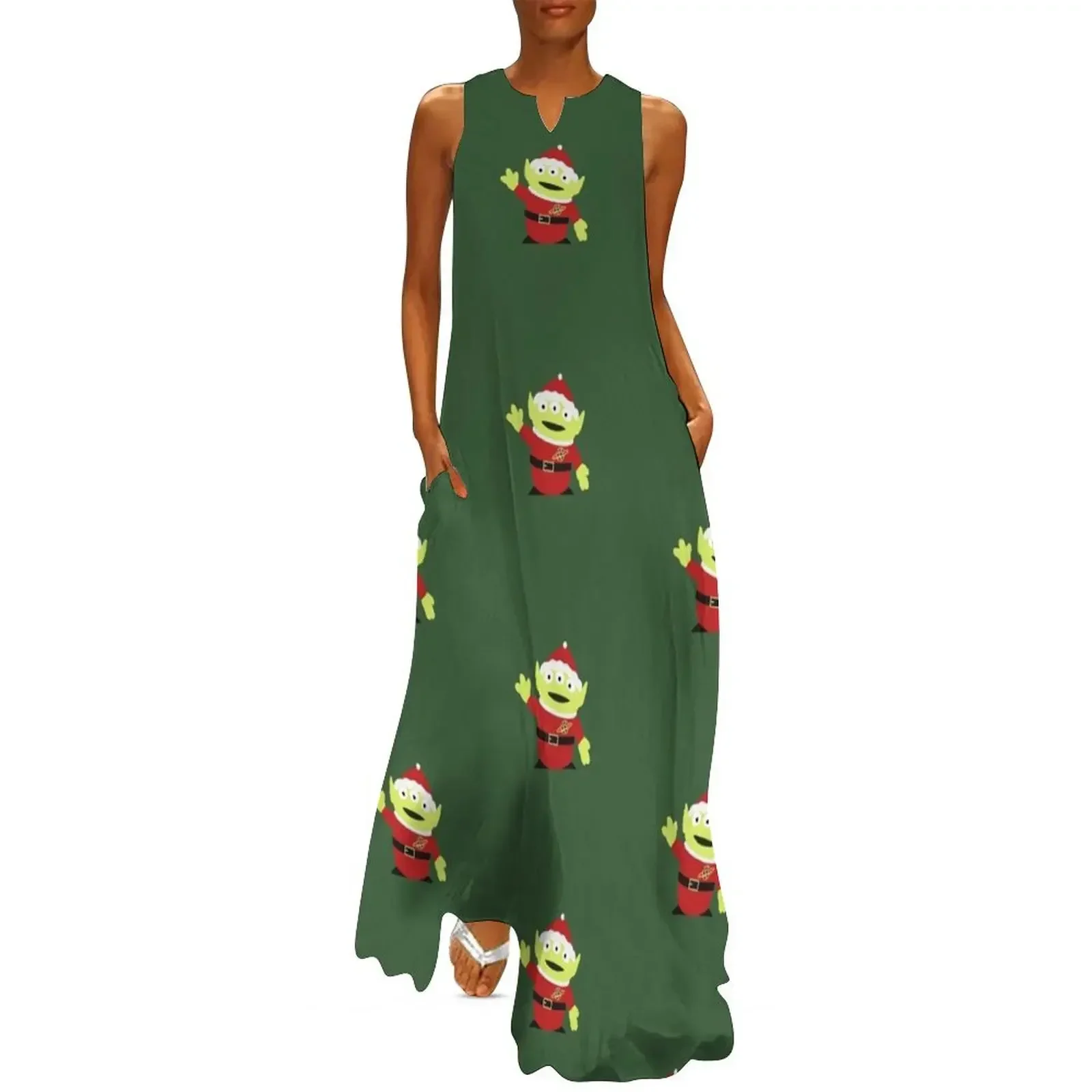 

Cute Merry Christmas Alien with Green Background Long Dress Evening dresses womens clothing long dress women summer Dress