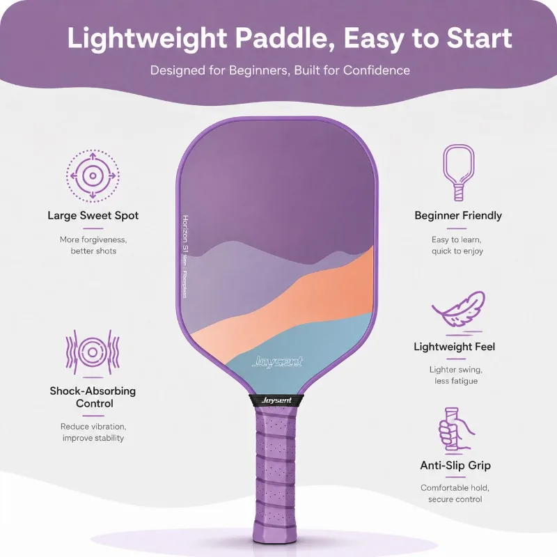 Joysent Fiberglass Pickleball Paddle 13mm PP Honeycomb Core Purple Racket for Adults Beginners