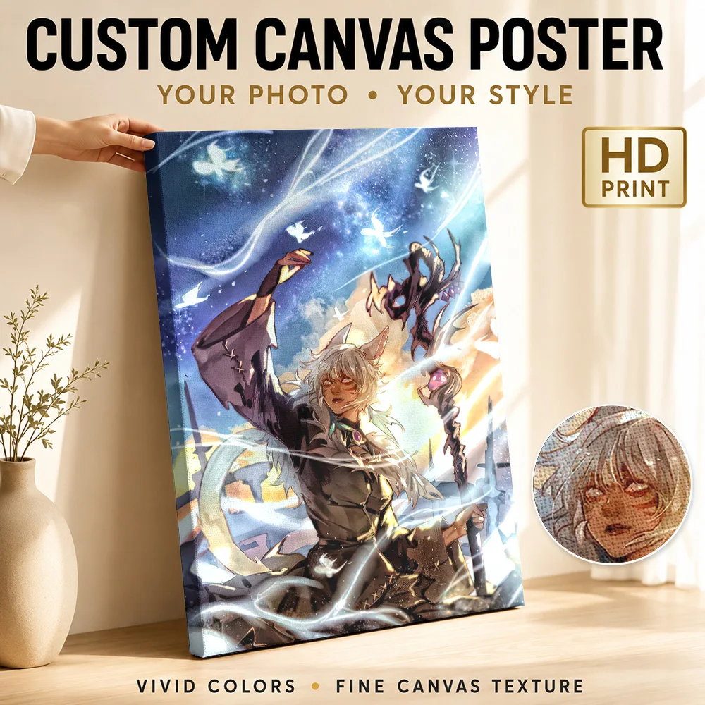 Fantasy Character with Staff and Birds Framed Canvas Print Poster Personalized Photo Game Wall Paintings Decoration for Bedroom