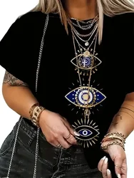 Devil's Eye Printed Tee Shirts Women T-shirts O-Neck Short Sleeves Casual Loose Clothes Fashion Female Tops